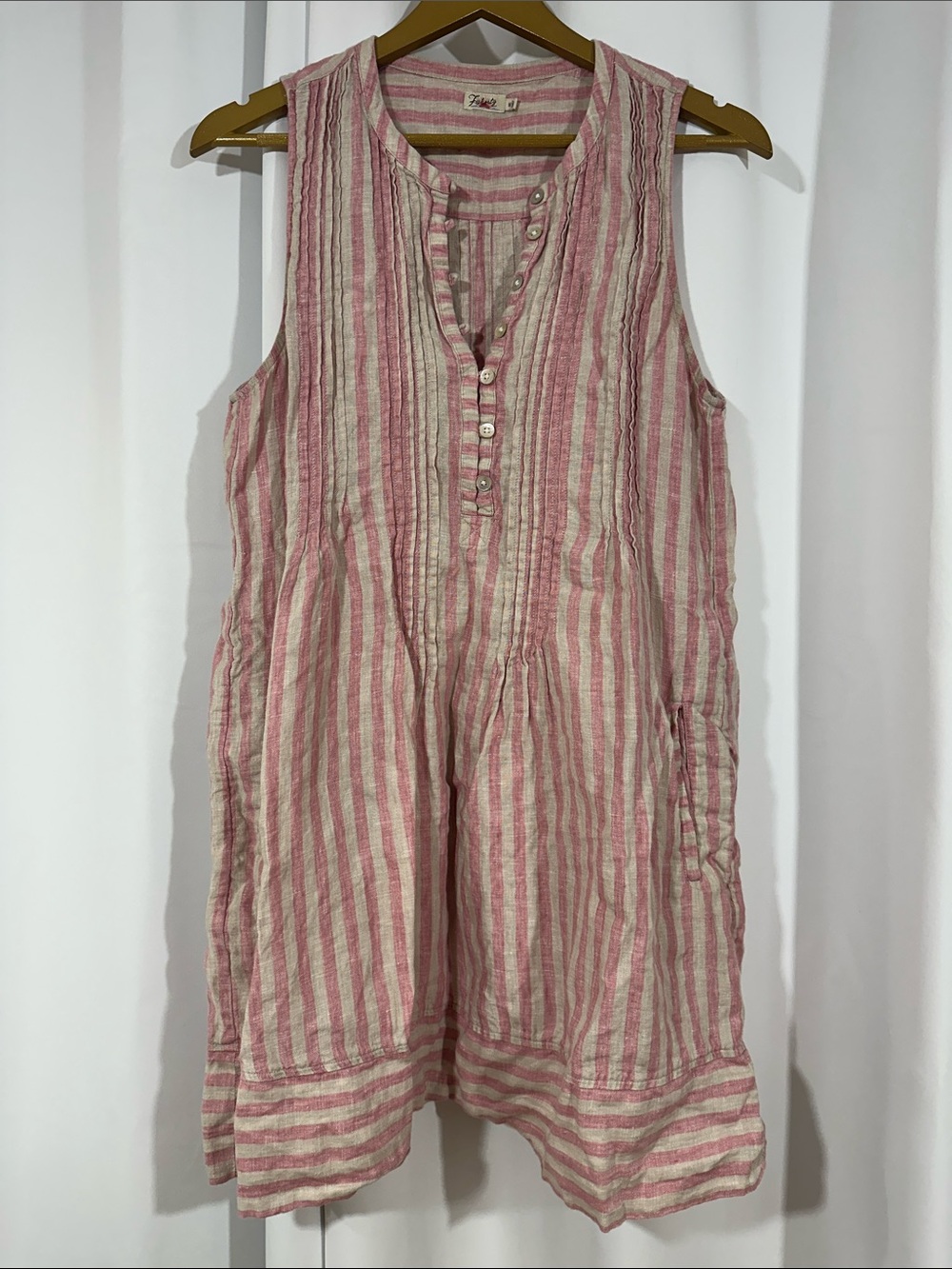 Faherty Linen Stripe Shift Dress Size Medium Pink White Sleeveless Pockets